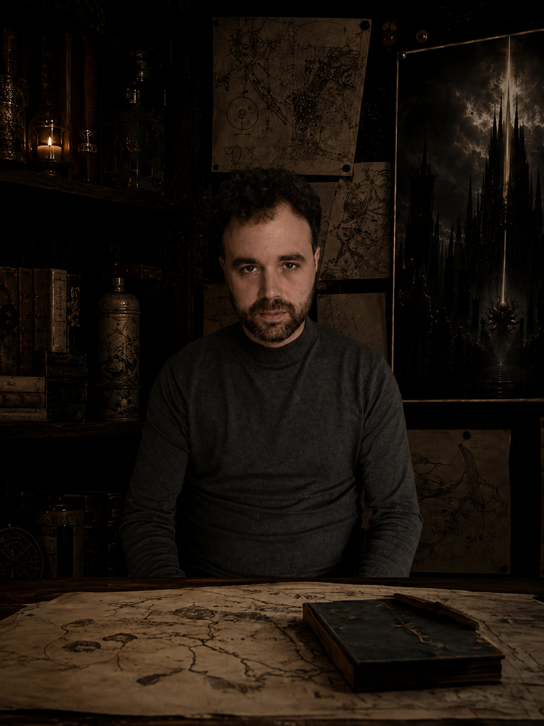 Santiago Pérez Viso en una mesa de mapas y archivos oscuros.